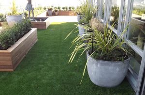 artificial grass on backyard apartment deck outdoors