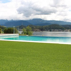 Artificial grass with pool and mountain view