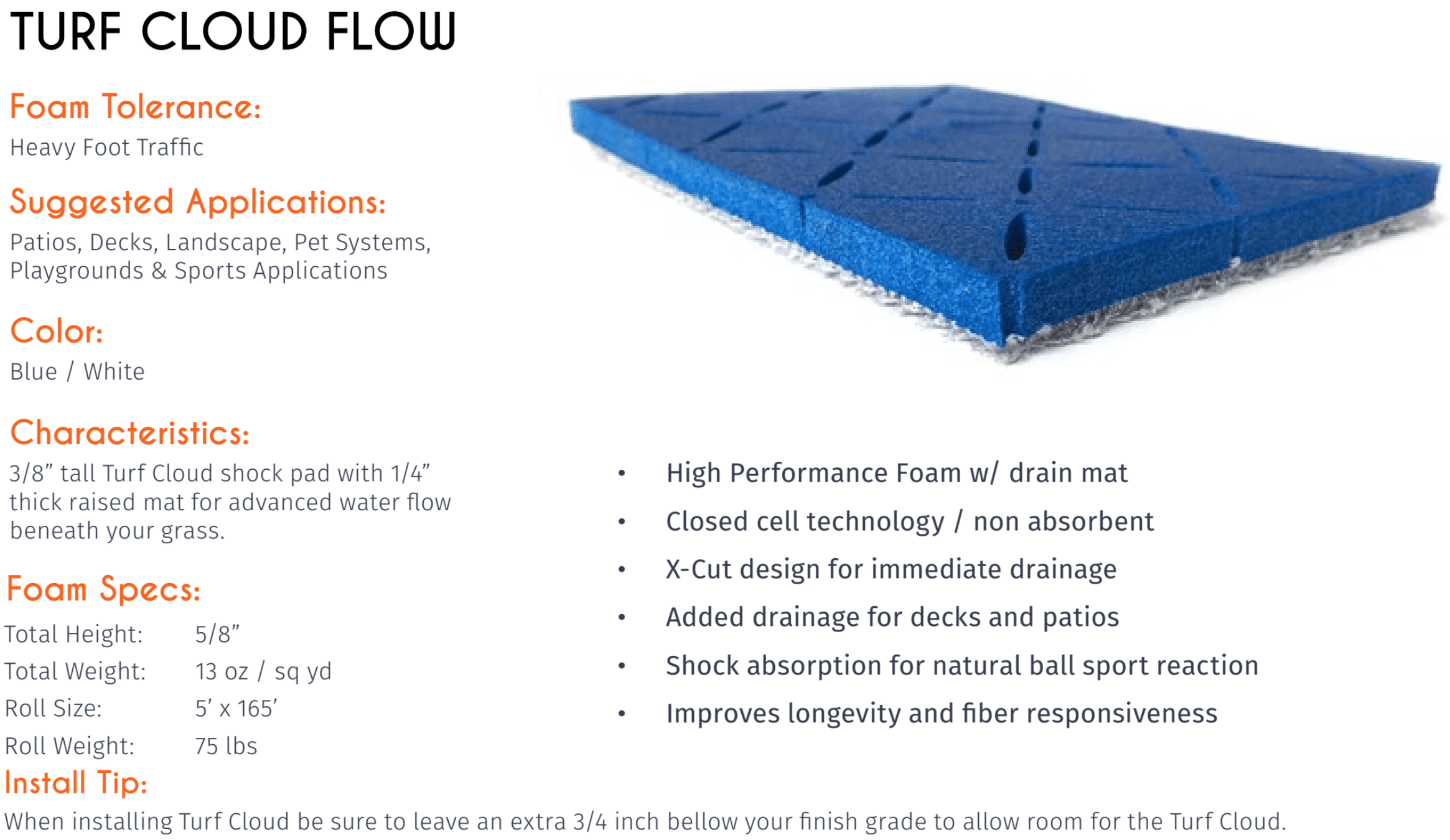 specification sheet for turf cloud pro drainage mat for artificial grass