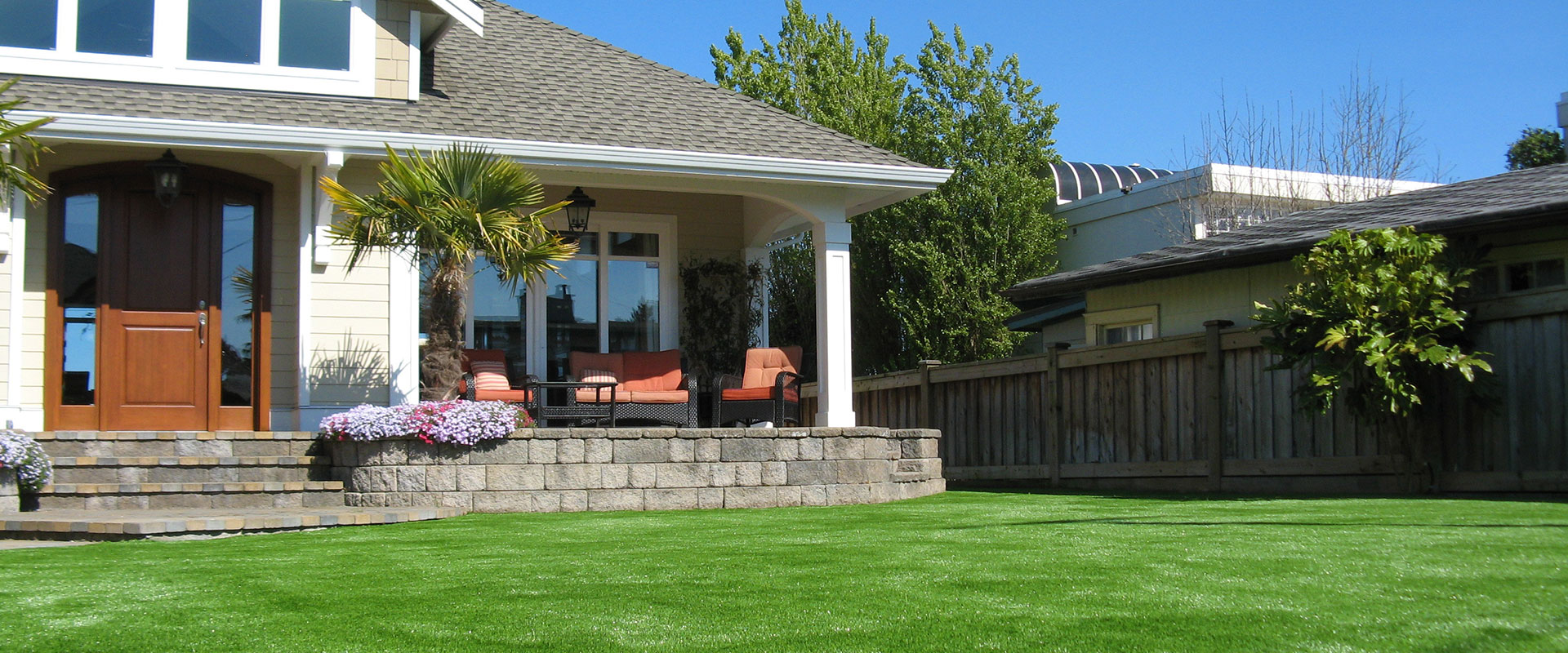 Artifical grass in front lawn of residential home