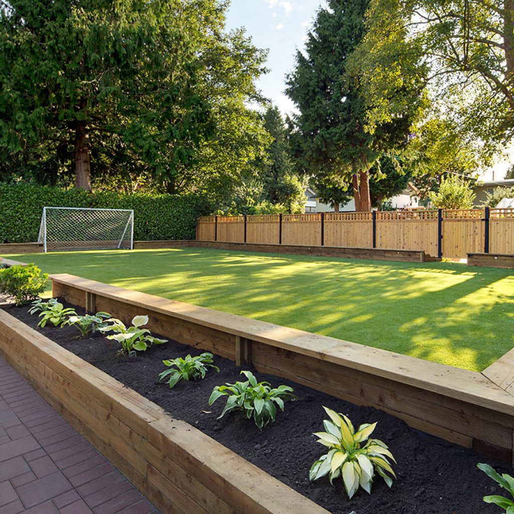 Artificial Grass used for backyard soccer field and planter boxes